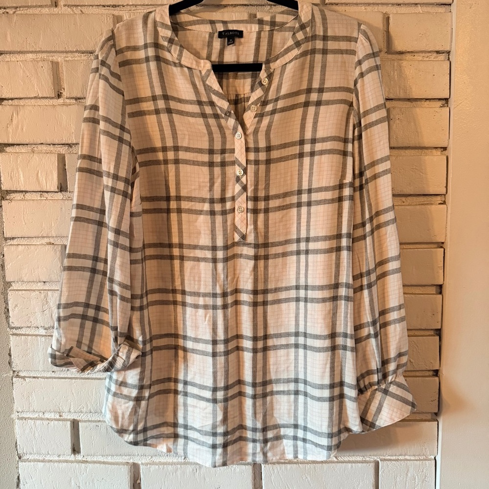 Talbots pink gray plaid popover blouse